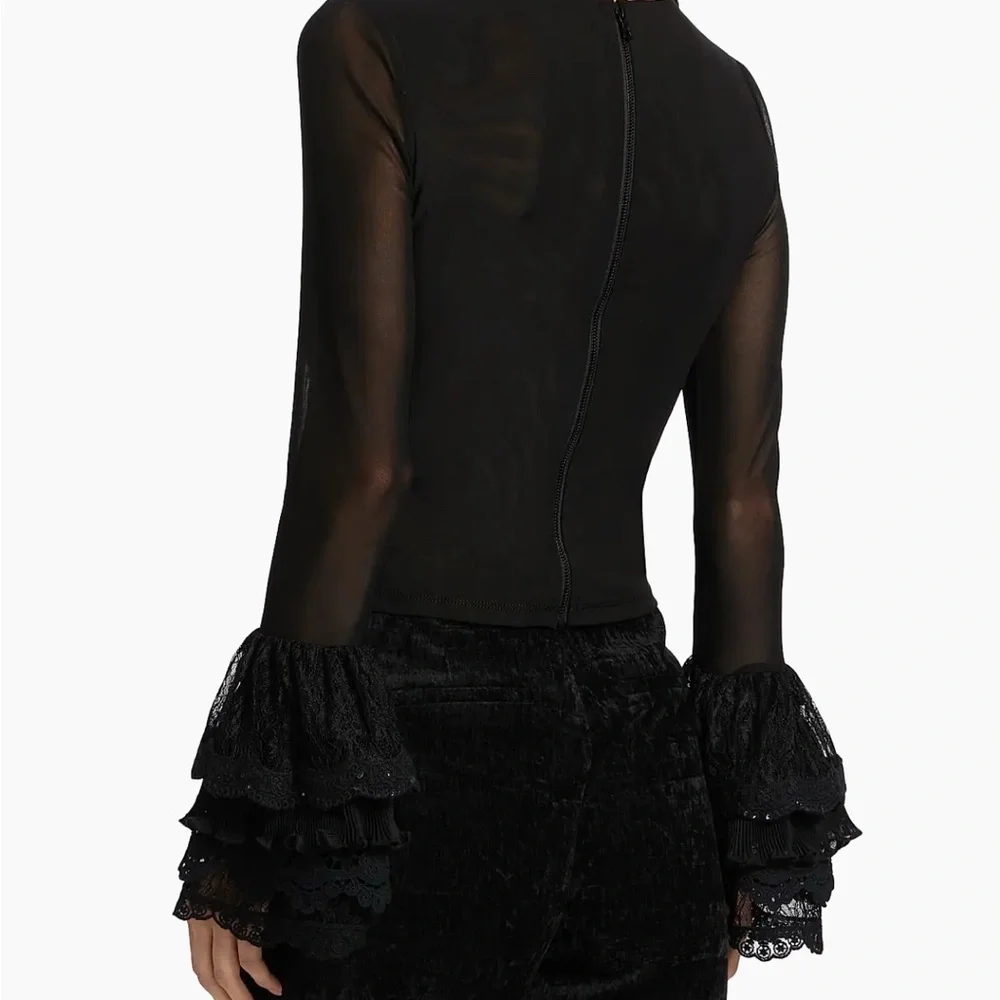 Alice + Olivia Sheer Black Blouse with Lace Bell Sleeves Size Large NEW - Picture 3 of 7